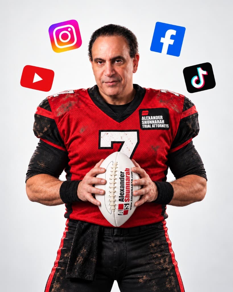 Alexander Shunnarah in a red football uniform holding a branded football, surrounded by social media logos